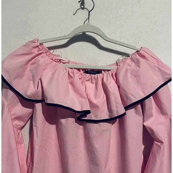 Zara Top Womens Medium Off the Shoulder Ruffle Bell Sleeve Cropped Pink Boho - Picture 3 of 8